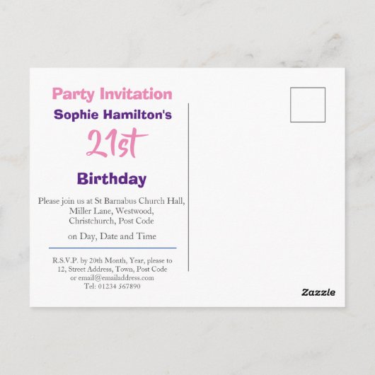 Uitnodiging voor 21e verjaardagsfeest (Achterkant)