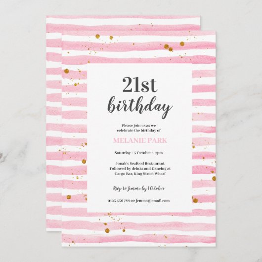 Uitnodiging voor 21e verjaardagsfeest met roze str (Voorkant / Achterkant)