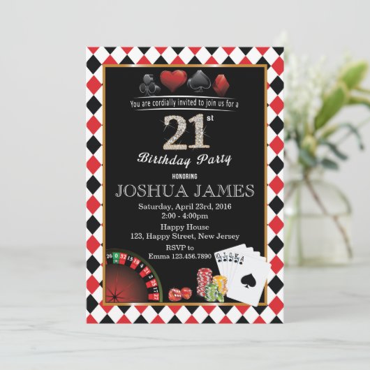 Uitnodiging voor 21ste verjaardag Casino (Staand voorkant)