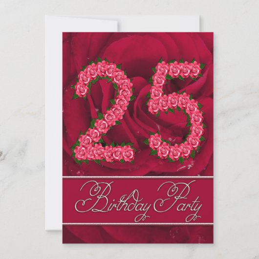 Uitnodiging voor 25e verjaardagsfeest met rozen (Voorkant)