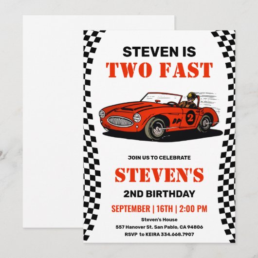 Uitnodiging voor 2de verjaardag Race Auto Jongen (Voorkant / Achterkant)