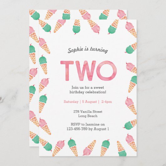 Uitnodiging voor 2e verjaardag | ijsfeest (Voorkant / Achterkant)