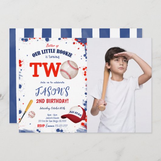 Uitnodiging voor 2e verjaardags honkbalfoto (Voorkant / Achterkant)