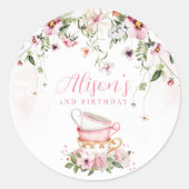 Uitnodiging voor 2e verjaardagsfeestje met theekra ronde sticker (Voorkant)