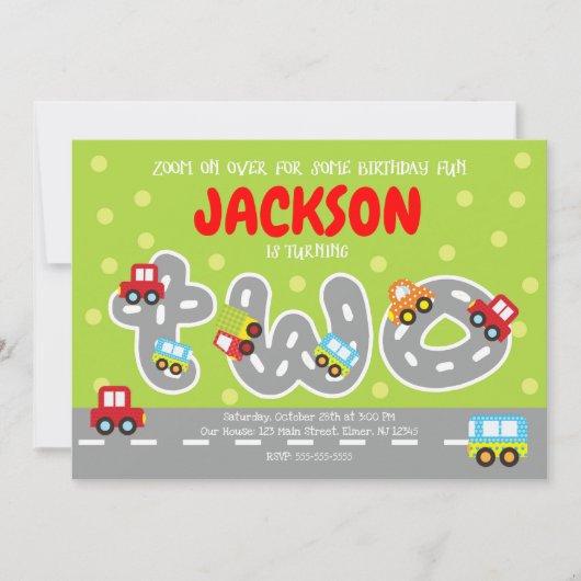 Uitnodiging voor 2e verjaardagsfeestje met vervoer (Voorkant)