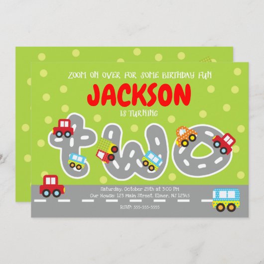 Uitnodiging voor 2e verjaardagsfeestje met vervoer (Voorkant / Achterkant)