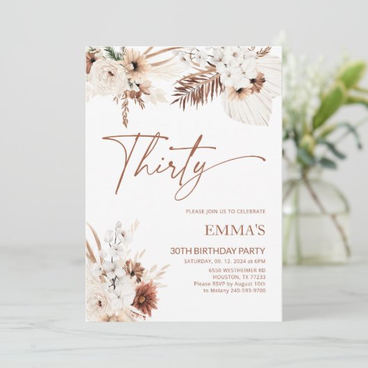 Uitnodiging voor 30e verjaardag Boho Pampas (Staand voorkant)