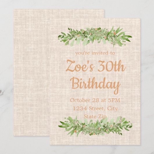 Uitnodiging voor 30e verjaardag – Linnen Greenery  (Voorkant / Achterkant)