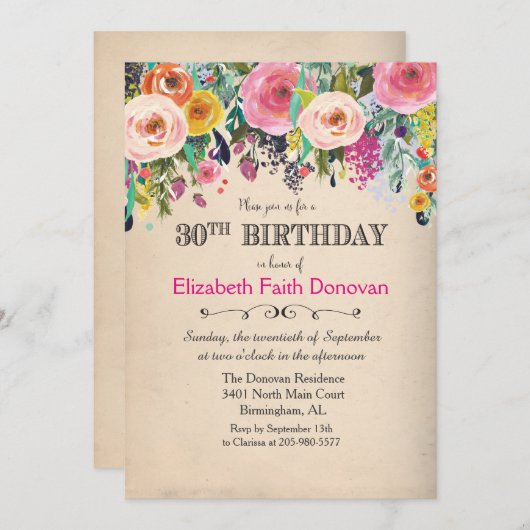 Uitnodiging voor 30e verjaardag met bloemenaquarel (Voorkant / Achterkant)