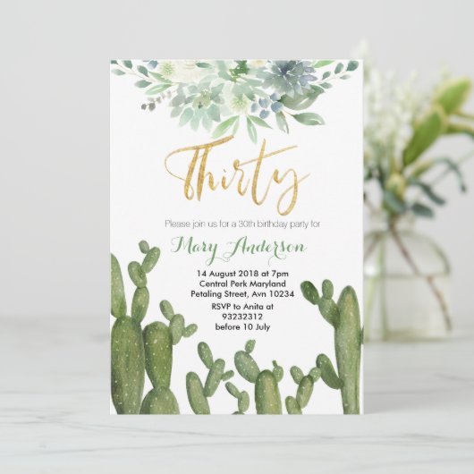 Uitnodiging voor 30e verjaardag met sappige cactus (Staand voorkant)
