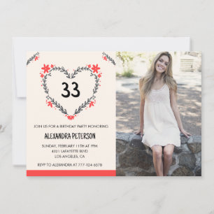 Uitnodiging voor 33ste verjaardag Foto Bloemhart
