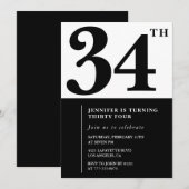 Uitnodiging voor 34e verjaardag Elegant Zwart Wit (Voorkant / Achterkant)
