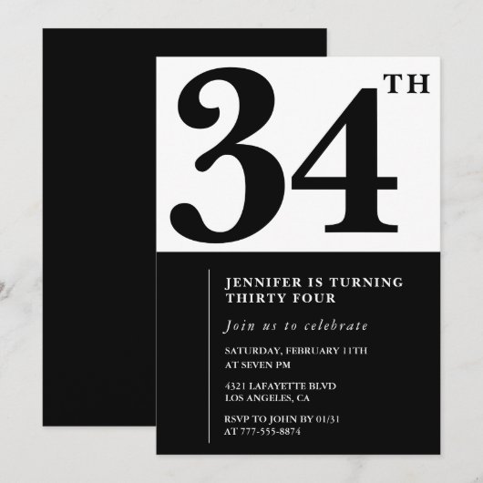 Uitnodiging voor 34e verjaardag Elegant Zwart Wit (Voorkant / Achterkant)
