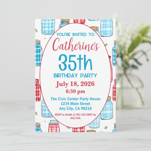 Uitnodiging voor 35e verjaardagsfeest, Mason Jar-p (Staand voorkant)
