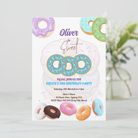Uitnodiging voor 3de verjaardag Donut (Staand voorkant)