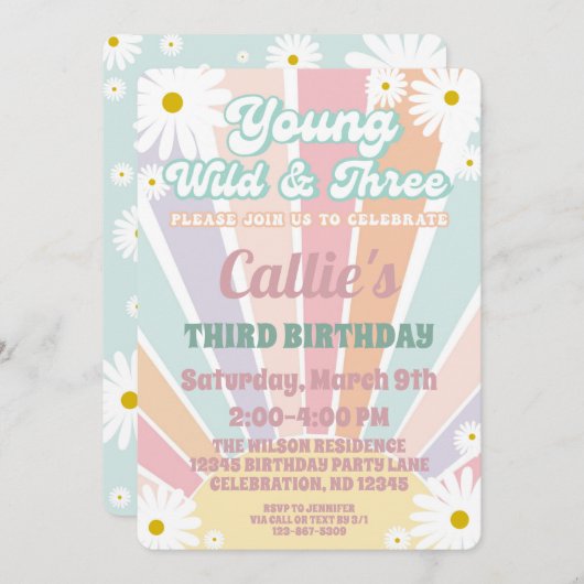 Uitnodiging voor 3e verjaardag meisje Retro Hippy  (Voorkant / Achterkant)