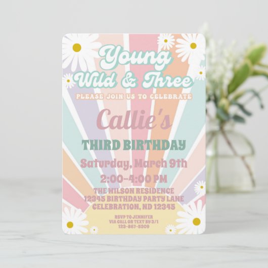 Uitnodiging voor 3e verjaardag meisje Retro Hippy  (Staand voorkant)