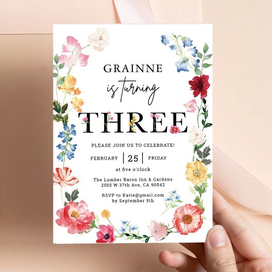 Uitnodiging voor 3e verjaardag met wilde bloem the