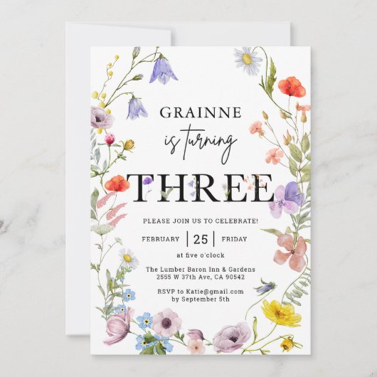 Uitnodiging voor 3e verjaardag met wilde bloem the (Voorkant)