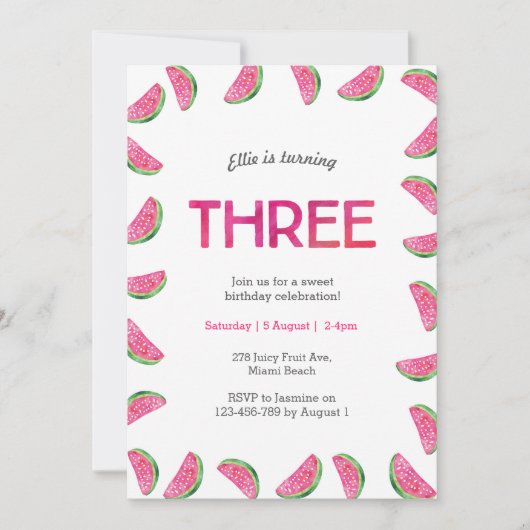 Uitnodiging voor 3e verjaardag | tropische waterme (Voorkant)