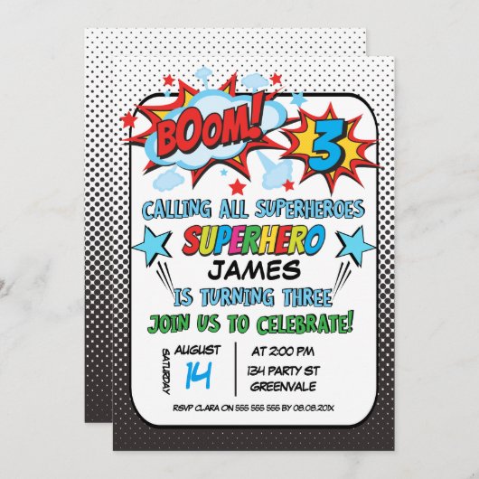 Uitnodiging voor 3e verjaardag van superheld (Voorkant / Achterkant)