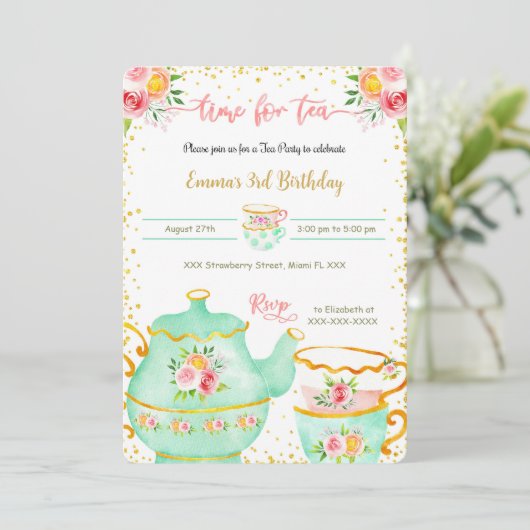 Uitnodiging voor 3e verjaardags theepartij (Staand voorkant)