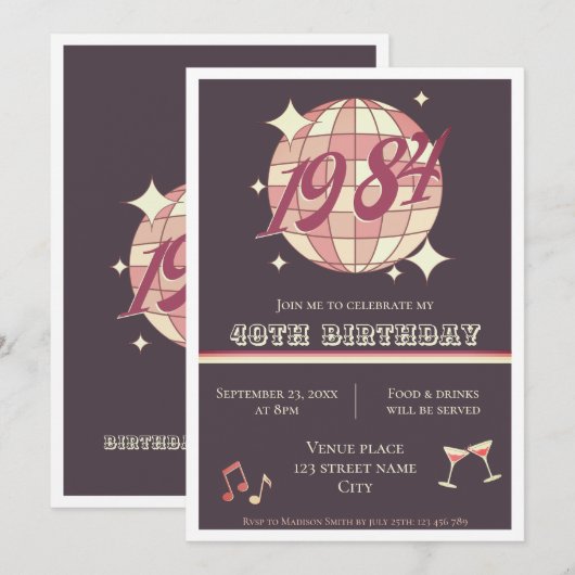 Uitnodiging voor 40e verjaardag in retro paars uit (Voorkant / Achterkant)
