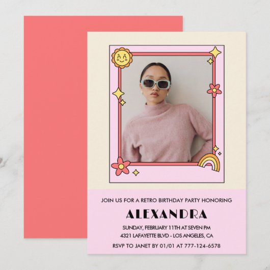 Uitnodiging voor 40e verjaardag Retro Groovy Roze (Voorkant / Achterkant)