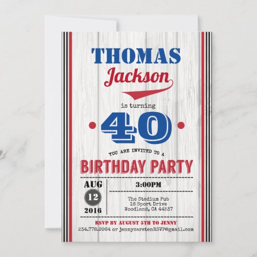 Uitnodiging voor 40e verjaardag van honkbal. Rusti (Voorkant)