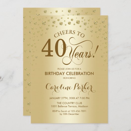 Uitnodiging voor 40e verjaardagsfeestje - Goud (Voorkant / Achterkant)