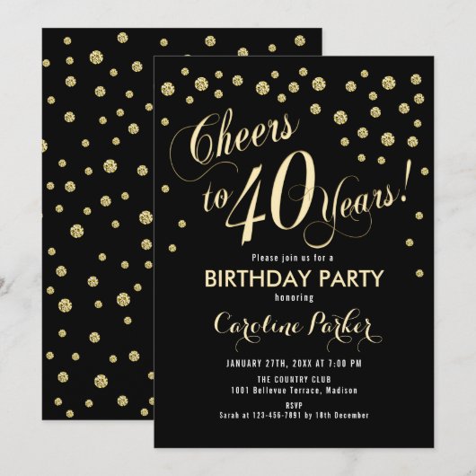 Uitnodiging voor 40e verjaardagsfeestje - Goud Zwa (Voorkant / Achterkant)