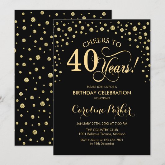 Uitnodiging voor 40e verjaardagsfeestje - Goud Zwa (Voorkant / Achterkant)
