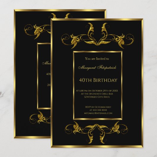 Uitnodiging voor 40e zwarte Gold-verjaardagsfeestj (Voorkant / Achterkant)