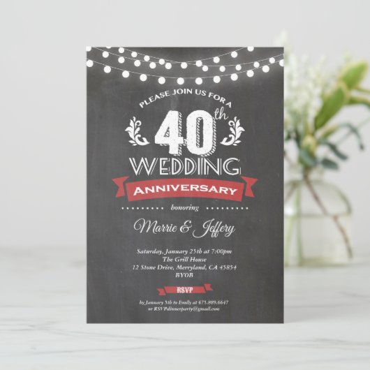 Uitnodiging voor 40ste huwelijksverjaardag. Robijn (Staand voorkant)