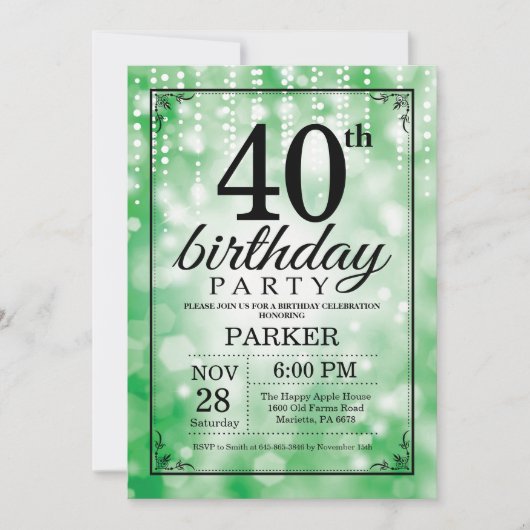 Uitnodiging voor 40ste verjaardag groene glitter (Voorkant)