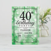 Uitnodiging voor 40ste verjaardag groene glitter (Staand voorkant)