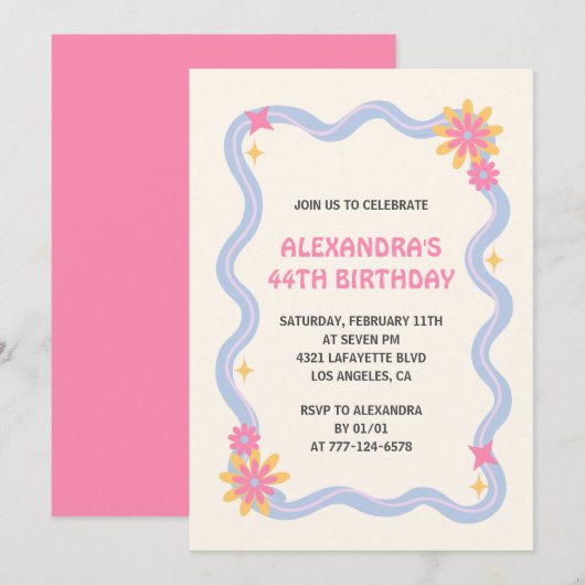 Uitnodiging voor 44e verjaardag Retro Groovy Roze (Voorkant / Achterkant)
