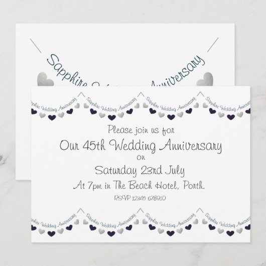 Uitnodiging voor 45-jarig saffieren huwelijksjubil (Voorkant / Achterkant)