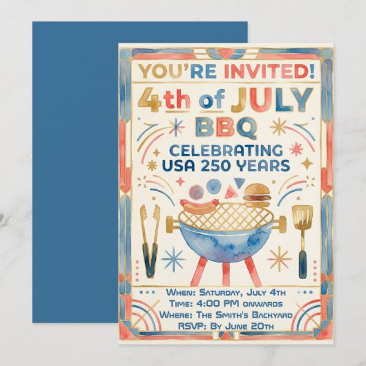 Uitnodiging voor 4 juli BBQ – VS 250 jaar (Voorkant / Achterkant)