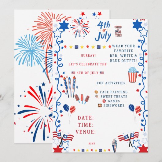 Uitnodiging voor 4 juli-feest – Patriottisch rood, (Voorkant / Achterkant)