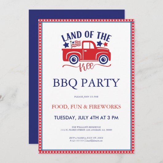 Uitnodiging voor 4 juli Land Of Free BQ-feest (Voorkant / Achterkant)