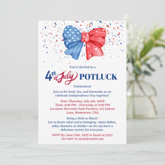 Uitnodiging voor 4 juli-potluck (Staand voorkant)