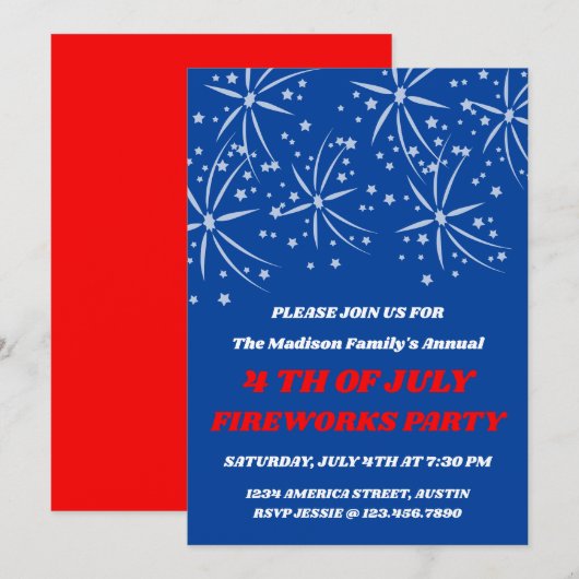 Uitnodiging voor 4 juli Stars & Fireworks-feest (Voorkant / Achterkant)