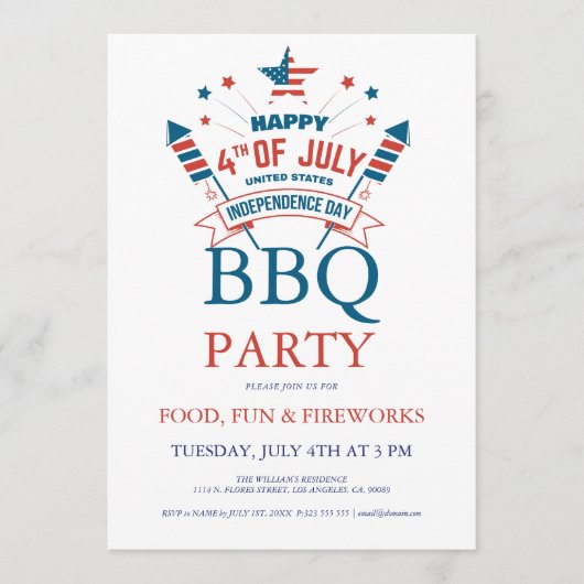 Uitnodiging voor 4 juli vuurwerk BBQ-feest (Voorkant)