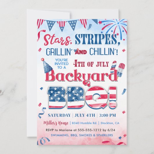 Uitnodiging voor 4 juli vuurwerk BBQ-feest (Voorkant)
