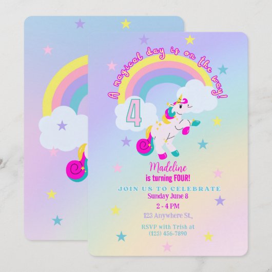  uitnodiging voor 4e verjaardag eenhoorn (Voorkant / Achterkant)