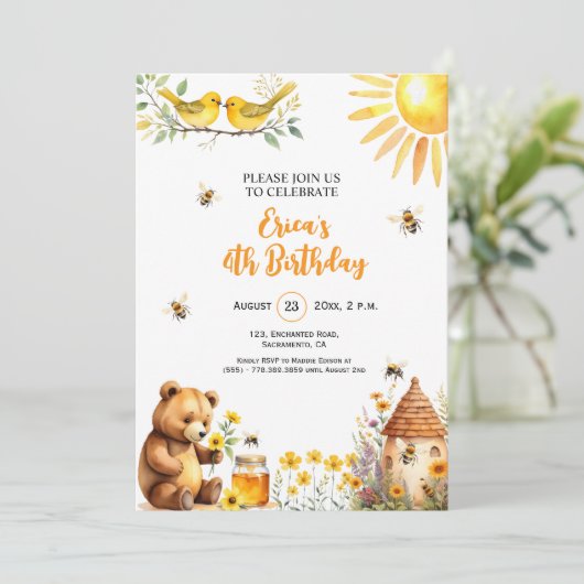 Uitnodiging voor 4e verjaardag van teddybeer met h (Staand voorkant)