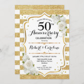 Uitnodiging voor 50e Jubileum - Gold White Roses (Voorkant / Achterkant)