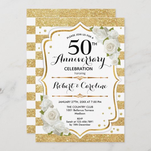 Uitnodiging voor 50e Jubileum - Gold White Roses (Voorkant / Achterkant)