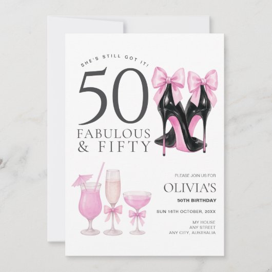 Uitnodiging voor 50e verjaardag, Fabulous & Fifty  (Voorkant)